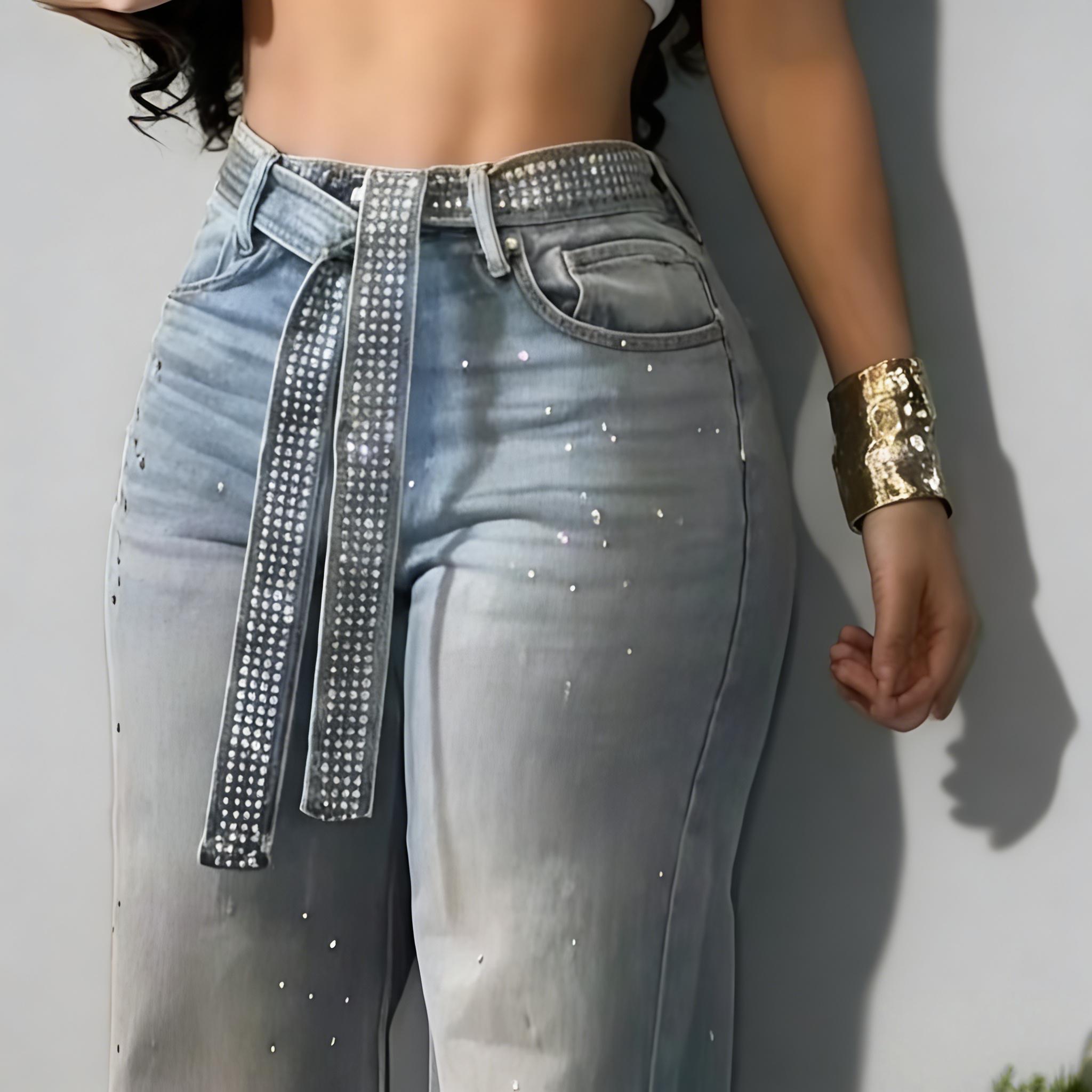 Women's Allover Rhinestone Decor High Waist Zipper Fly Jeans Casual Wide Leg Loose Fit Denim Pants with Rhinestone Decor Belt