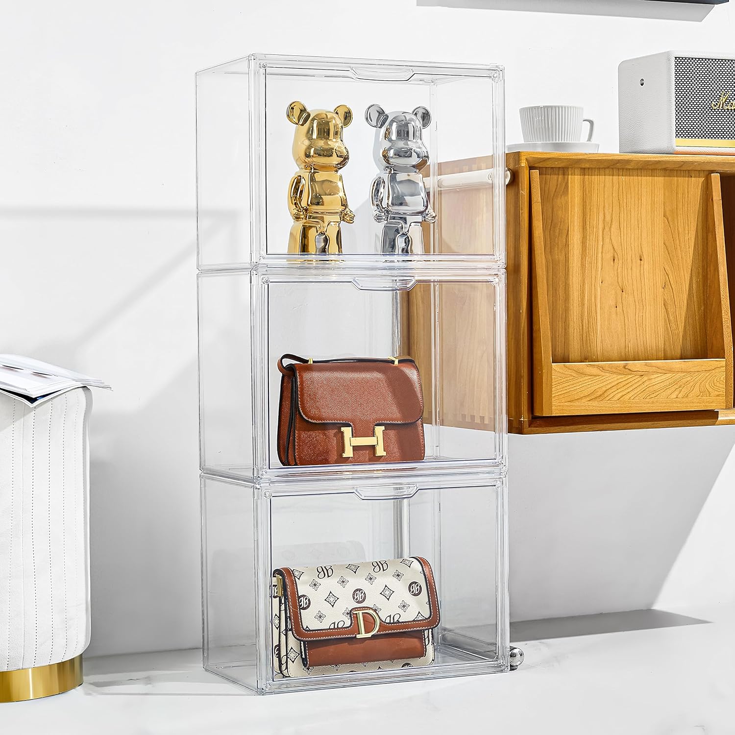 Clear Purse Organizer for Closet, Plastic Handbag Storage Organizer 4 Pack Clear  Display Case with  Door for Wallet, Book, , Clutch Organization