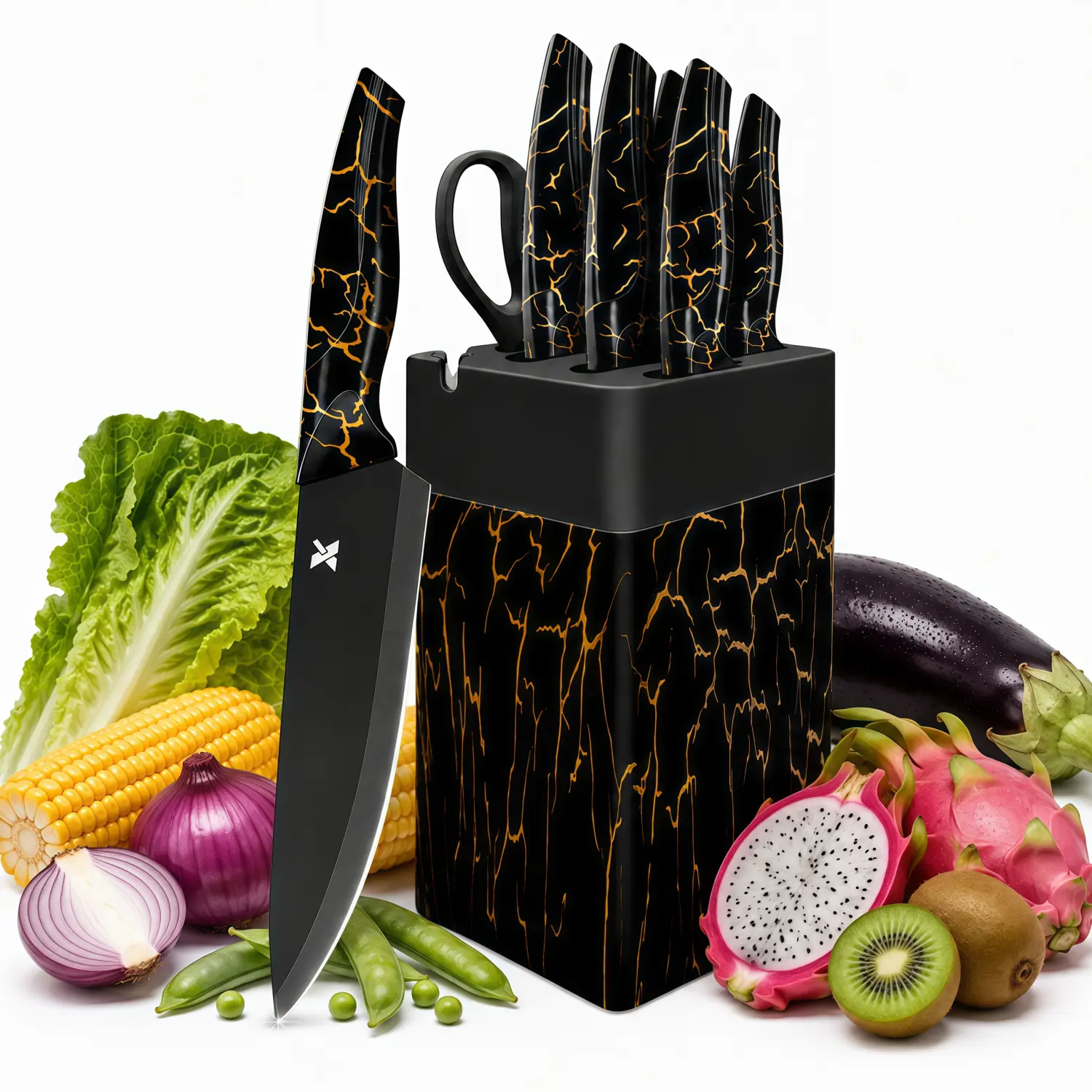 8-Piece Black Gold Marble Stainless Steel Kitchen Knife Set with Storage Block, Self-Sharpening Built-In Sharpener, ABS Non-Slip Ergonomic Handles, Dishwasher Safe Knives for Home Cutting and Slicing Tasks