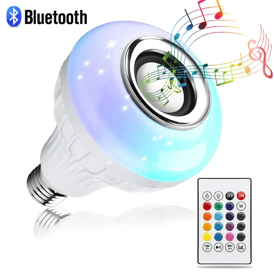 E27 RGB Color Changing LED Light Bulb with Bluetooth Speaker, 12W, 85-265V AC, Remote Control, Neon Streamer Design for Bedroom Party Decor