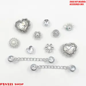 Bling Rhinestone Heart & Chain Charms -Elegant Silver Heart Rhinestone Shoe Charm Pack, Dangle Crystal Chain Ornaments, Luxury Girly DIY Clog Decoration Ideal for Luxury Clog DIY, Bridal Gift, Wedding Sandal & Daily Footwear Decor