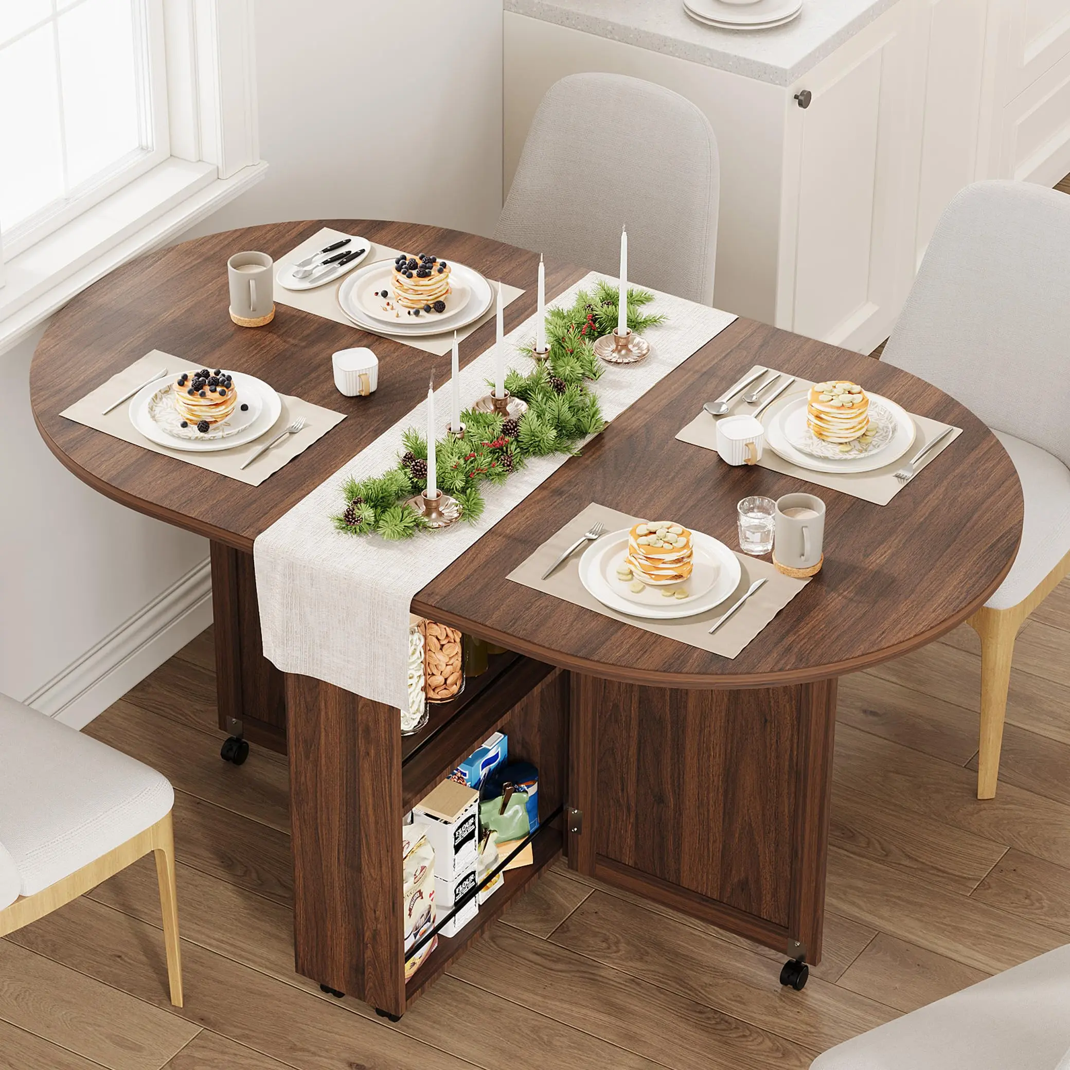 3-in-1 Folding Drop Leaf Oval Dining Table - Rolling Kitchen Table with Locking Casters - Wine Rack & Storage Drawer - Space-Saving for Small Apartments/RVs - White/Natural Wood
