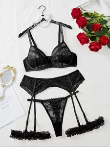 【Plus Size】 Lace Sexy Lingerie Set, Solid Color Push Up Bra & Thong & Garter Belt & Stockings & Blindfold Set, Women's Lingerie & Underwear for All Seasons clean girl style clothes haul computer love bra