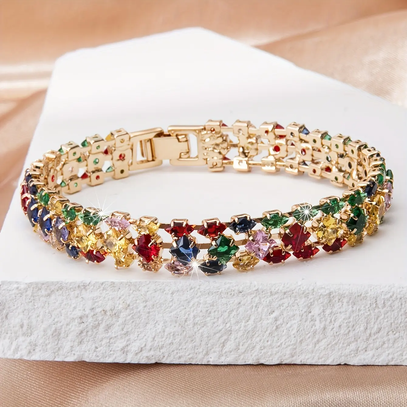 Women's Elegant Geometric Stack Bracelet - Alloy & Crystal Multicolored Rhinestone Gold-Tone Chain Bracelet for Female Wear, Party-Ready, 18.5cm/7.3in 1-Piece with Secure Clasp, Daily Jewelry Gift for Birthday & Anniversary, Multicolored Stars