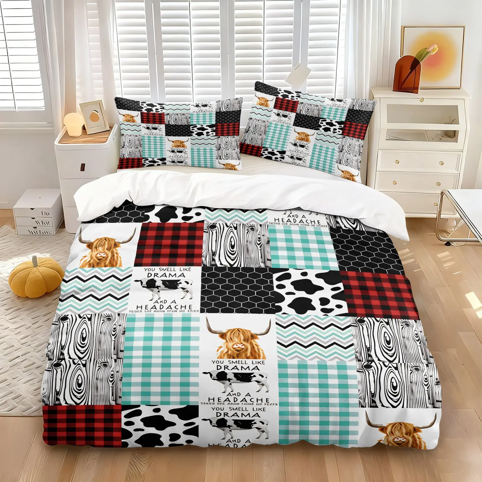 Mixed Print of Long-haired Highland Cattle & Black White Dairy Cows Playful Farm Slogans Print Duvet Cover Set, Include 1 Comforter Cover and 1/2 Pillowcases, Mint Gingham & Chevron Stripes Patchwork Quilt Cover, Western Countryside Style Bedding