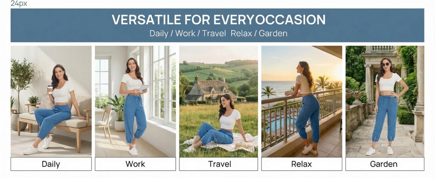 Women's Capri Pants High Waist Drawstring Cinch Bottom with Button Cotton Loose Casual Trouser with Pockets summer outfits