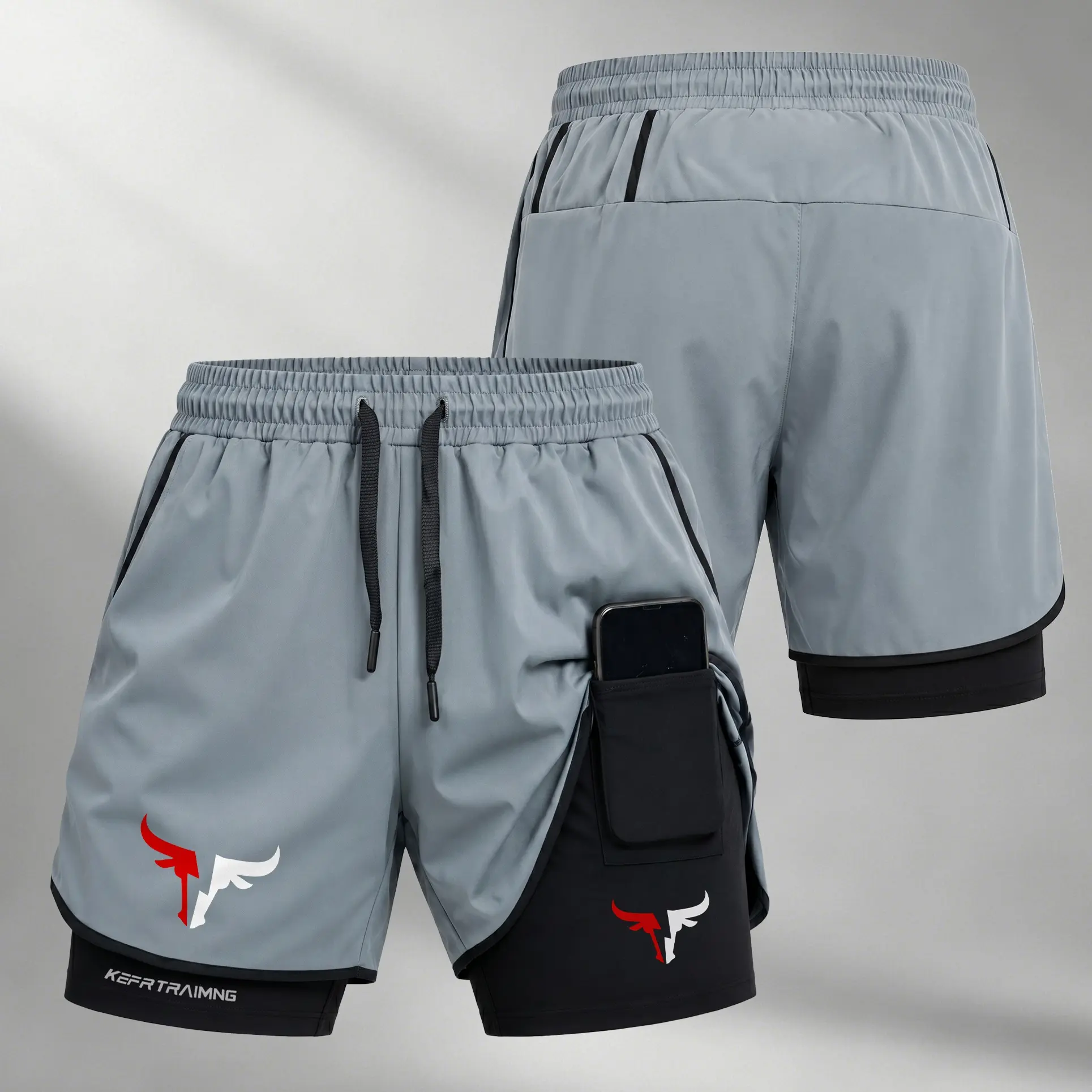 Men’s Polyester Blend Bull Horn Print 2-in-1 Active Sportswear Sports Shorts - Athletic Performance, Integrated Padding Compression Liner, Secure Inner Phone Pocket, Elastic Drawstring Waist, Quick-Dry Non-Chafe Breathable for Gym/Running Summer Wear, Act