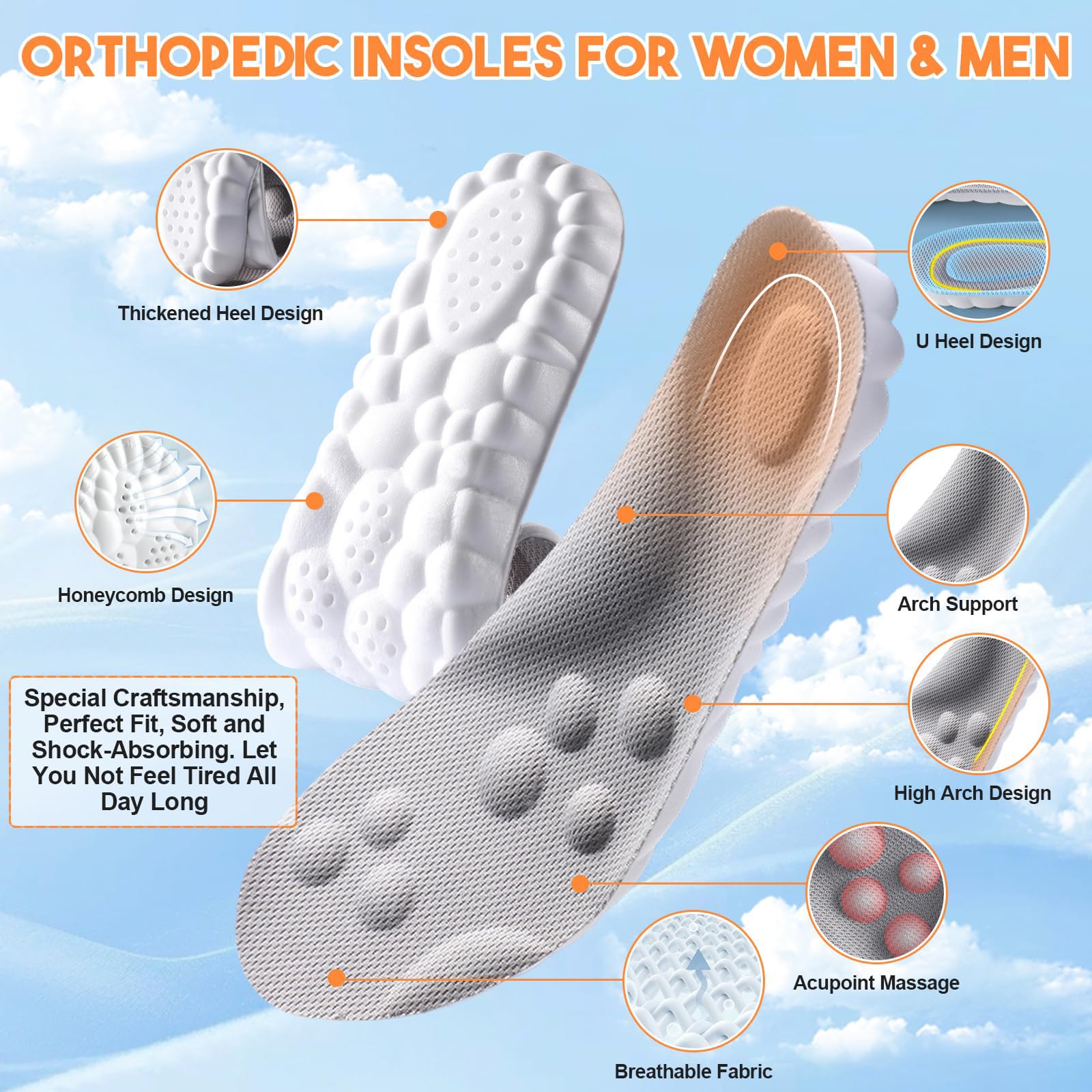 4D Cloud Tech Soles Insoles for Men Women, Super Soft Comfort Cloud Feeling Cushioning Insoles Memory Foam Arch Support Sole Inserts. (L Women 12-14.5 / Men 11-13.5)