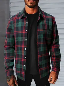 1 piece winter men's fashion casual brushed flannel fleece-lined long-sleeved notched lapel button-down shirt