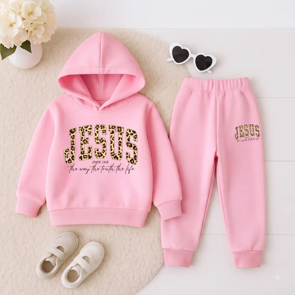 Kids’ Unisex Vintage Cowboy Leopard Print Jesus Faith Graphic Hoodie and Jogger Set, Fleece-Lined 2-Piece Tracksuit for Boys and Girls, Trendy Fall Winter Streetwear Outfit, Casual Indoor & Outdoor Wear