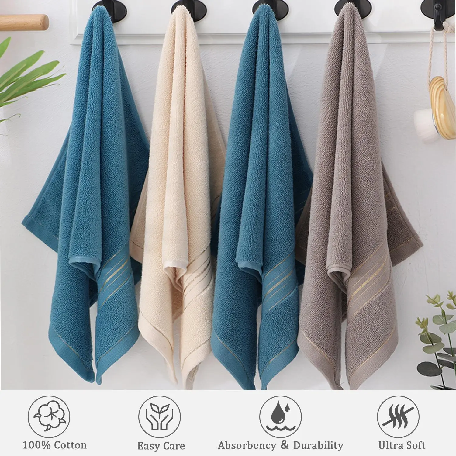 3-Pack Pure Cotton Hand Towels Set (28.34in x 12.59in Golden Stripe), Bagged Breathable Ultra-Soft Highly Absorbent Lightweight Towels for Bathroom Guest Rooms, Multiple Uses, Elevates Decor, Do Not Bleach