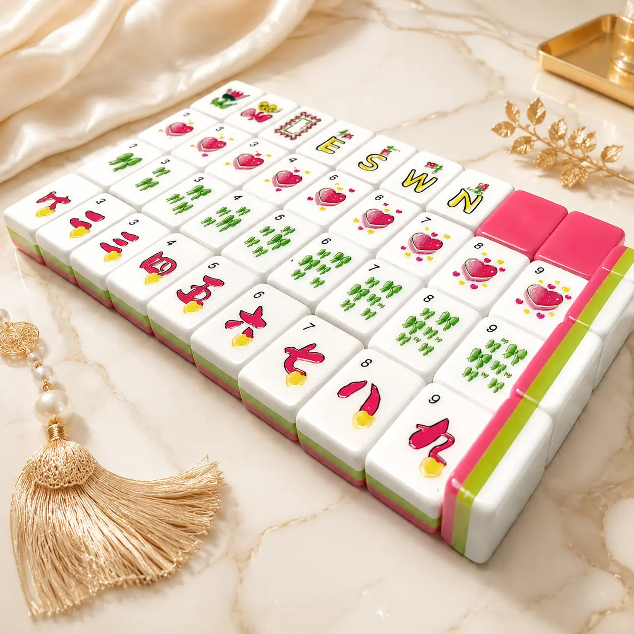 3-Layer Hot Pink Heart-Themed Acrylic American Mahjong Set with Tiles, Portable Game Table Included, Ideal for Travel, Game Nights
