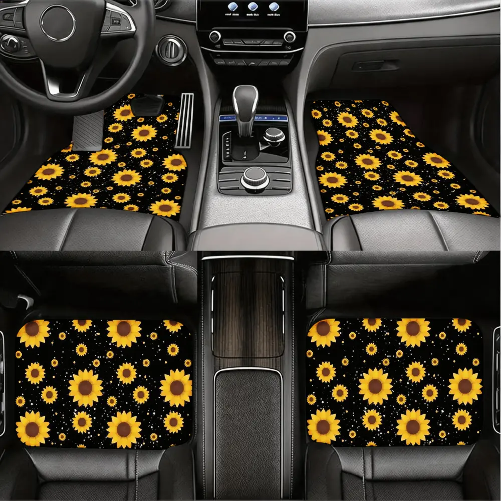 Cute Car Floor Mats, Universal Auto Floor Liners, Yellow Sunflower Pattern On Black Background, Non-Slip Rubber Backing With Easy Clean Surface, For Women Girls And Sunflower Lovers, 4 Piece Full Set Front And Rear