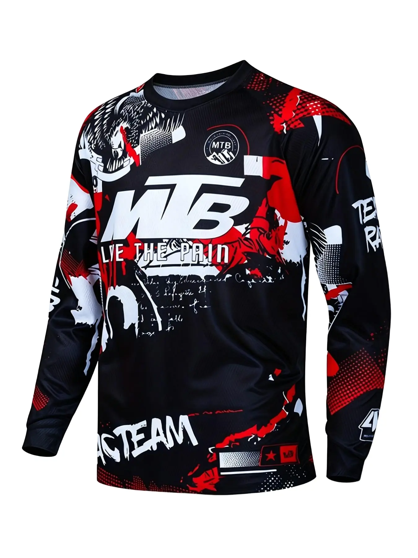 Men's MTB Mountain Bike Long Sleeve T-Shirt, Cycling Shirt, Cycling Sports Wear, Graffiti Eagle 'live the Pain' Print, Quick-Dry Top, Casual Sporty Top, Casual Loose Fit, Sports Tops, All Seasons