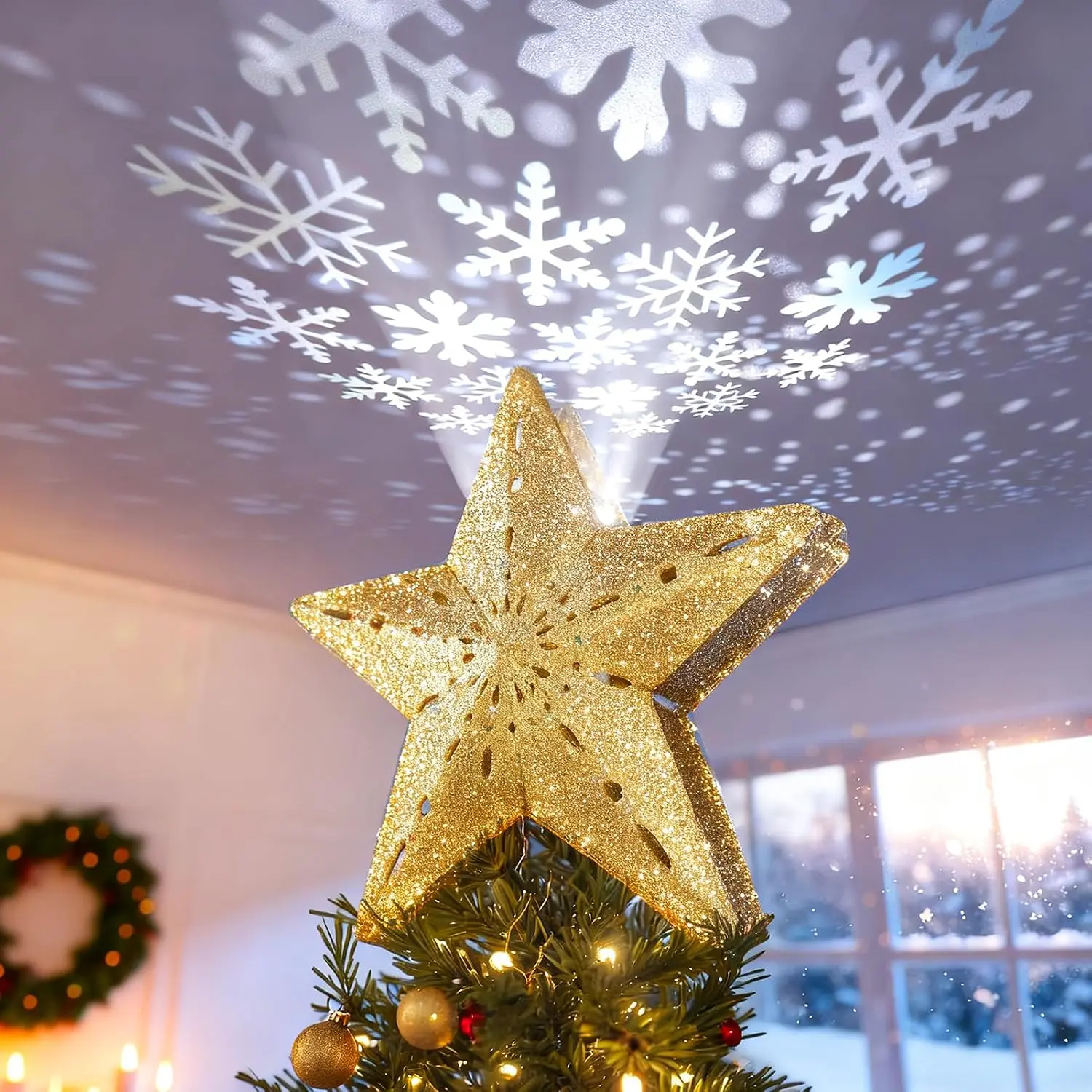 Christmas Tree Topper Lighted  with Snowflake Projector,  | Rotating Snowflake Projector, Adjustable Projection,  Sparkling ,  Tree Fit, 9.2FT Power Cord, Durable PVC