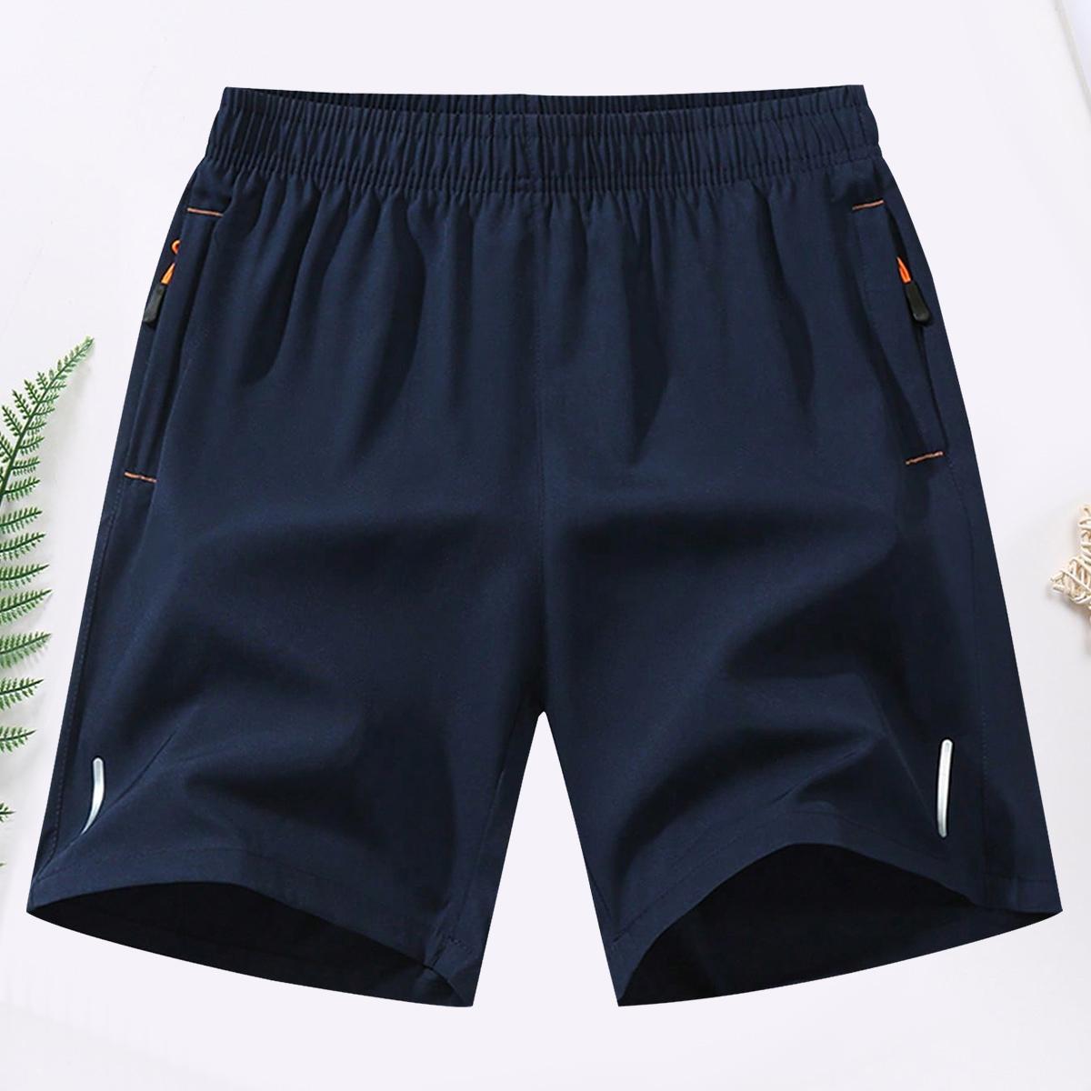 Male 3-Pack Active Gym Shorts, Solid Color, Breathable Quick-Dry Fabric, Zippered Pockets, Elastic Drawstring Waist, Machine Washable for Fitness, Running