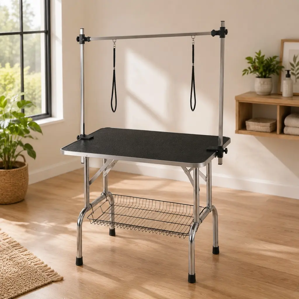 ARCH Large Heavy Duty Pet Grooming Table for Dogs and Cats, 42" x 24" x 33" Adjustable Arm and Clamps, Stainless Steel Legs, Ribbed Rubber Surface, Black
