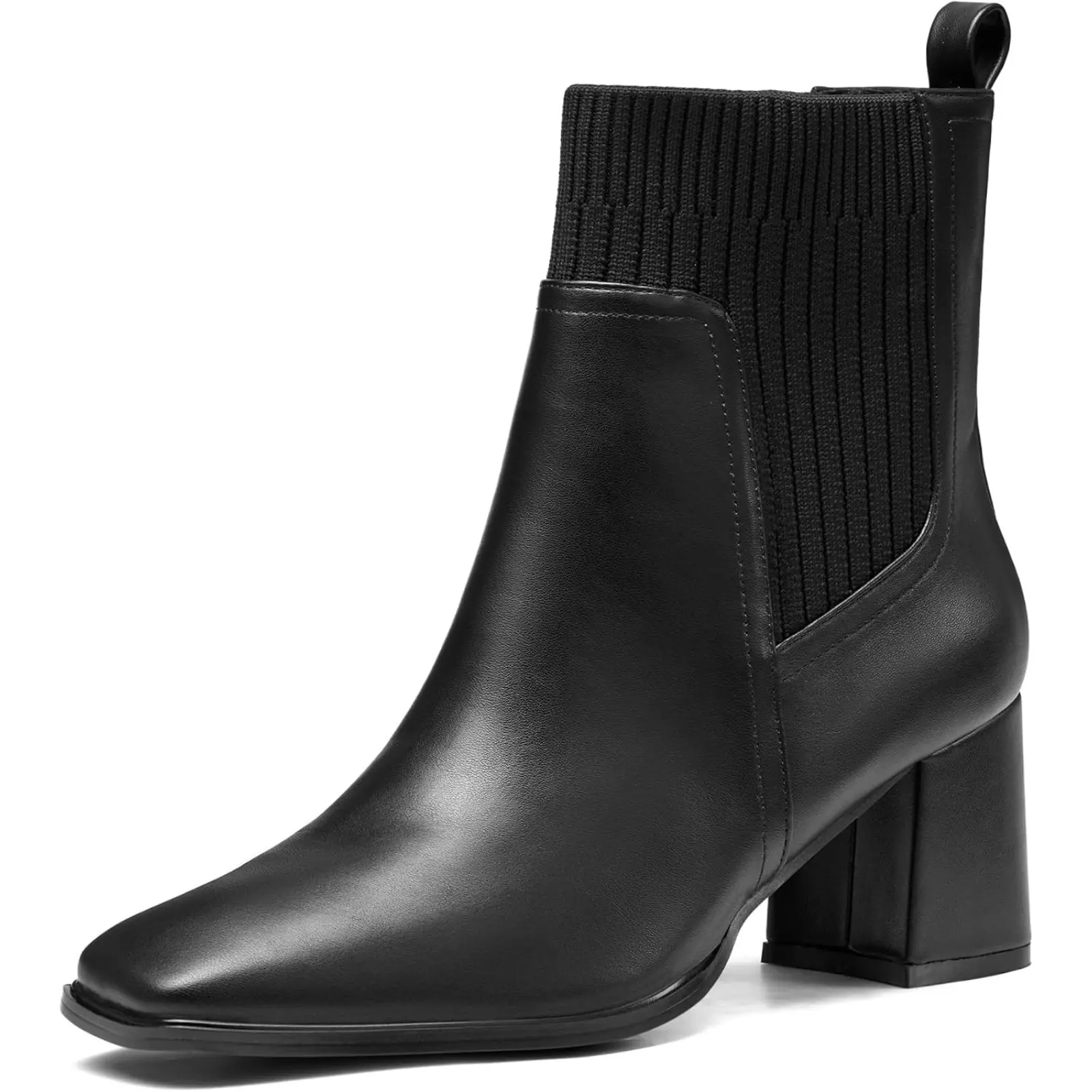 Coutgo Women's Slip On Ankle Boots Chunky Block Heel Square Toe Splicing Dress Sock Booties
