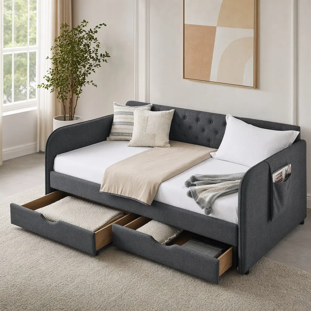 Sturdy Mid-Century Linen Blend Dark Gray Twin Size Upholstery Daybed - Expandable Twin-King with Trundle, 2 Storage Drawers, Flat Arms with 1 Pocket, 11+10 Slats, 80.5"l x 45.5"w x 34"h, Assembly Required Indoor Furniture for Bedroom,Kid Room, Day Bed, 75
