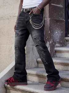 Men's Elastic Bell Bottom Jeans, Ripped Design, Button Closure, Multi-Process, Street Style, Suitable for All Seasons