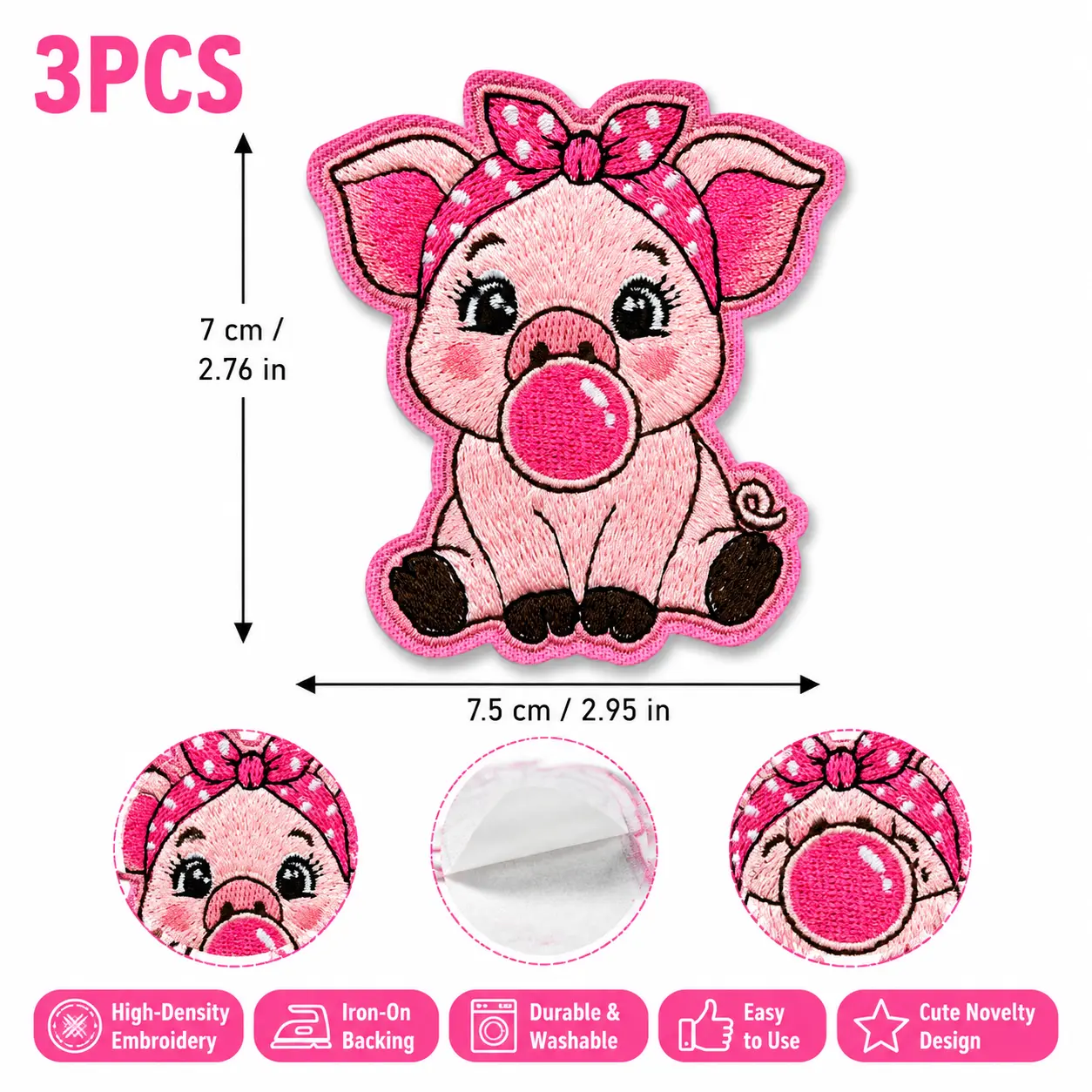 3pcs-bag Cute Pig Blowing Bubble Iron On Embroidered Patch for Jacket, Backpack, Hat & Tote Bag - Cute Trendy Accessory for Teens, Kids & Women