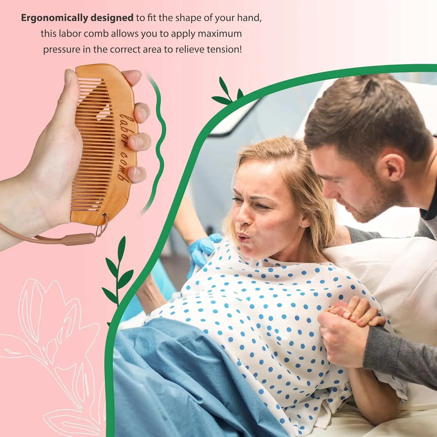 2 Piece Birth Comb and Massage Roller Set, Essential for Pregnancy and Postpartum Care, Wooden Birth Comb for Pain Relief, Baby Baptism Gift for Mom, Postpartum Recovery Tool