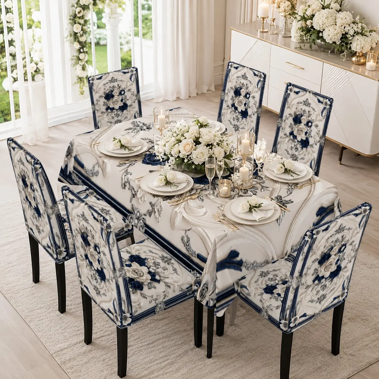 5/7Pcs Tablecloth and Chair Cover Set, Luxury Navy Blue Silver 3D Rose Baroque Print Dining Table Cover with Stretch Washable Chair Covers, Elegant European Wedding Banquet Party Home Dining Room Decor