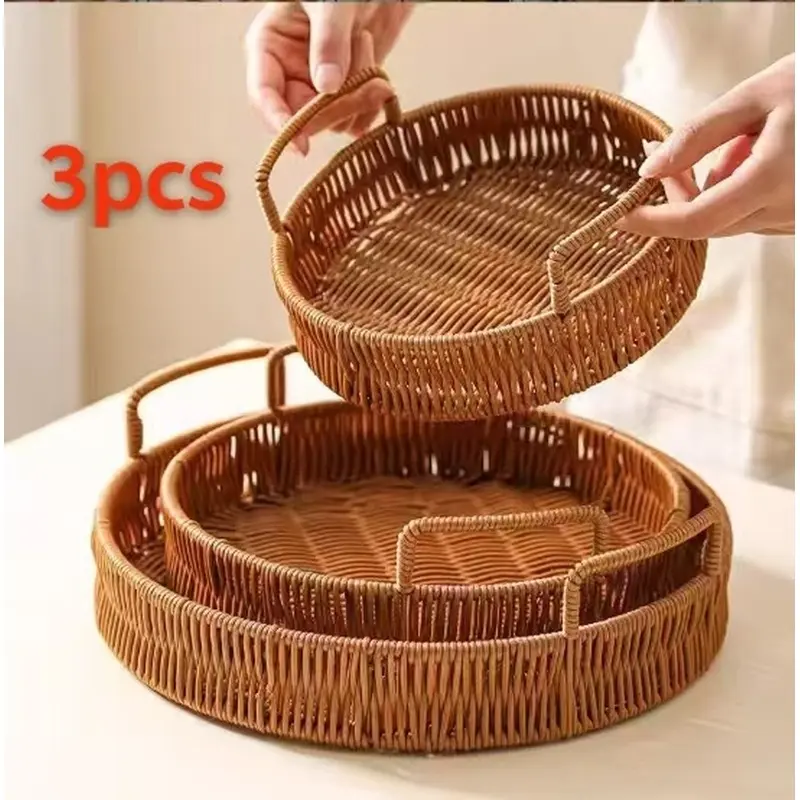 3-piece woven bread basket-round hard-eared rattan food basket tray organiser for holding, storing and displaying | Perfect for bread, fruits, snacks, vegetables, kitchen and dining decoration.
