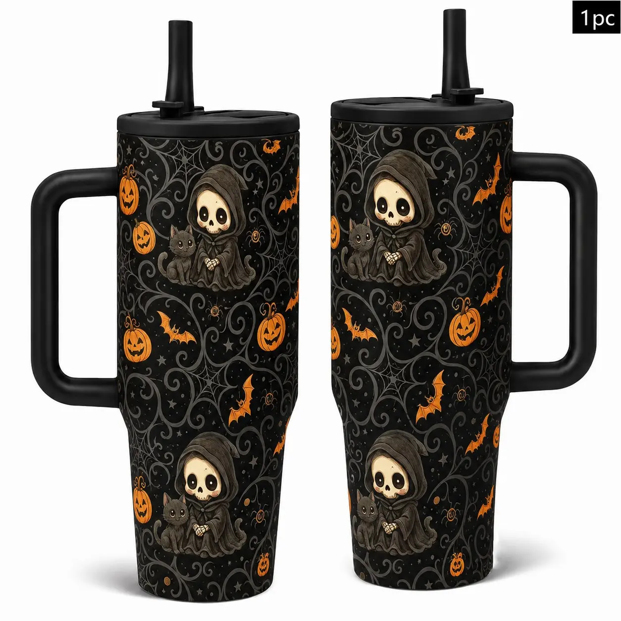 1PC 40oz Cute Grim Reaper & Black Cat Halloween Insulated Tumbler with Handle, Lid & Straw, Double Wall Vacuum Travel Mug, Keeps Hot 12H Cold 24H, Leak-Proof Gothic Gift for Men & Women