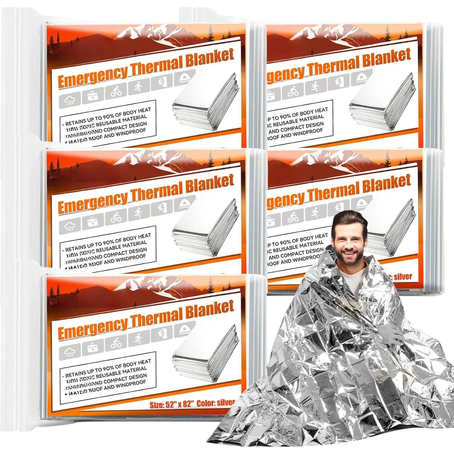 5-Pack  Thermal Blankets, Heavy Duty Mylar Space Blanket with   Heat Retention for Camping  Kit,   and Hiking,  & Windproof