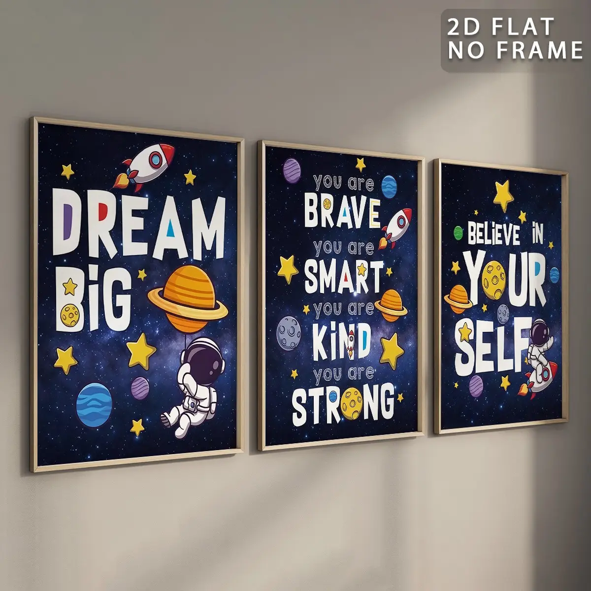 3Pcs/Set Optinal Frame Space Astronaut Wall Art, Inspirational Space Canvas Posters, Graphic Prints, Boys Bedroom Decor, Space Bedroom Prints, Aesthetic Room Decor, Waterproof Canvas Wall Art, Artwork Wall Painting For Gift, Home Wall Decor