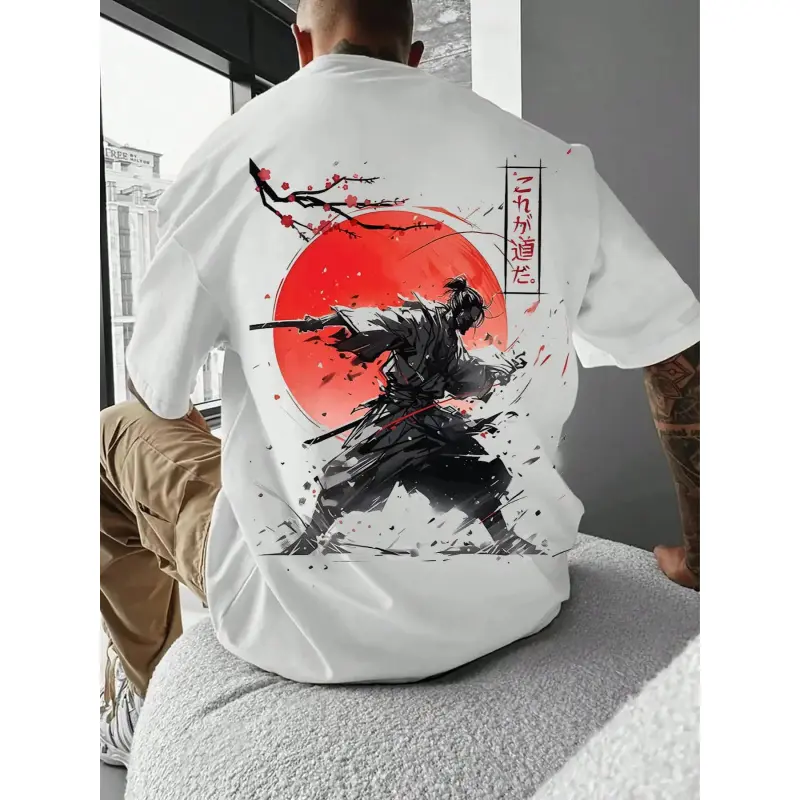 100% Cotton Short-Sleeve 180gsm Unisex Men's Samurai Graphic T-Shirt - Minimalist Classic Simple Menswear, Japanese Kanji & Red Moon Print, Trendy Streetwear for Anime Fans, Shortsleeve, Fabric, Breathable, Soft, Tee, Tops