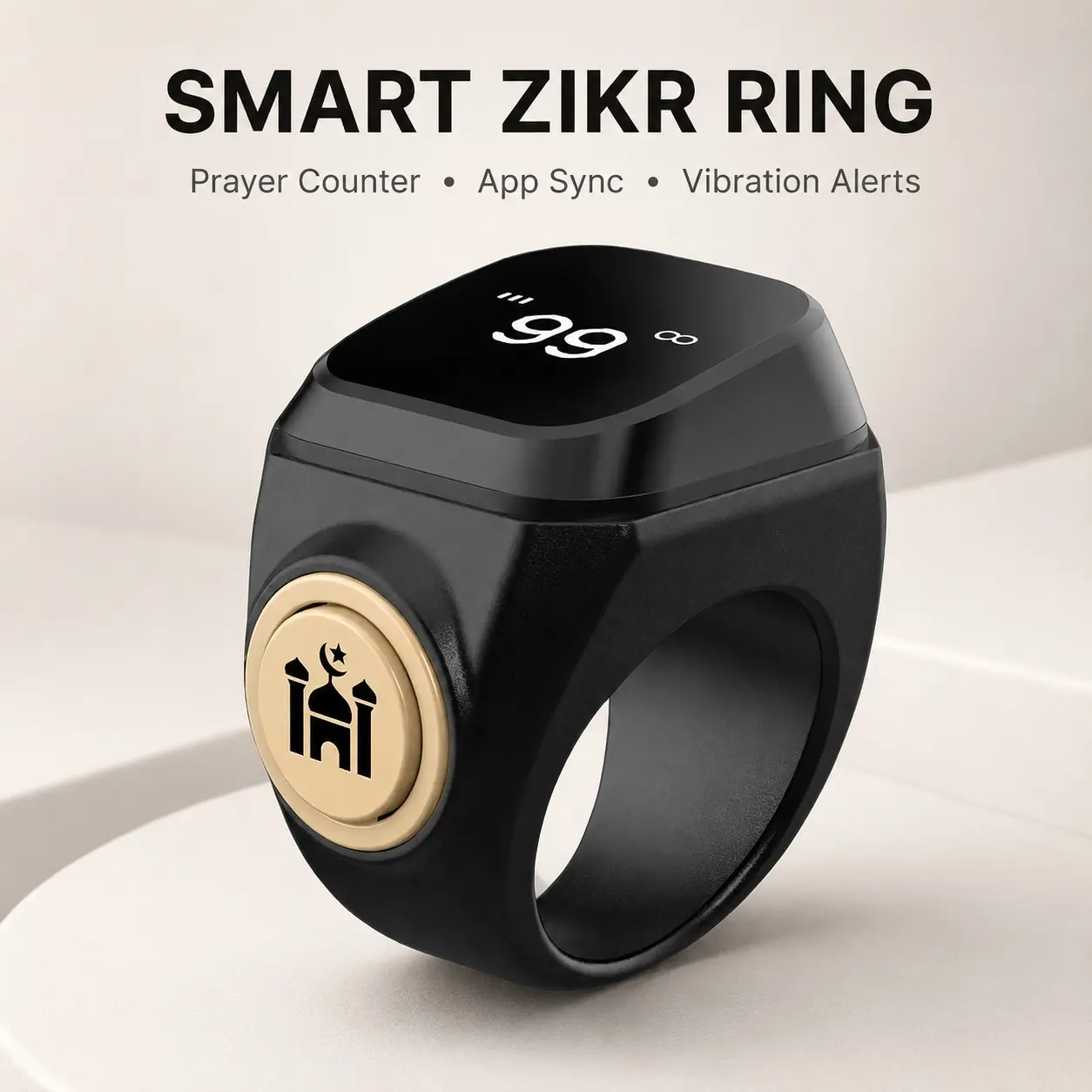 Smart Prayer Ring Electronic Tasbih Counter Tasbeeh Counter with Four Digital Displays, APP Connectable, Built In Alarm, Waterproof, Ideal for Muslim Prayers and Daily Use