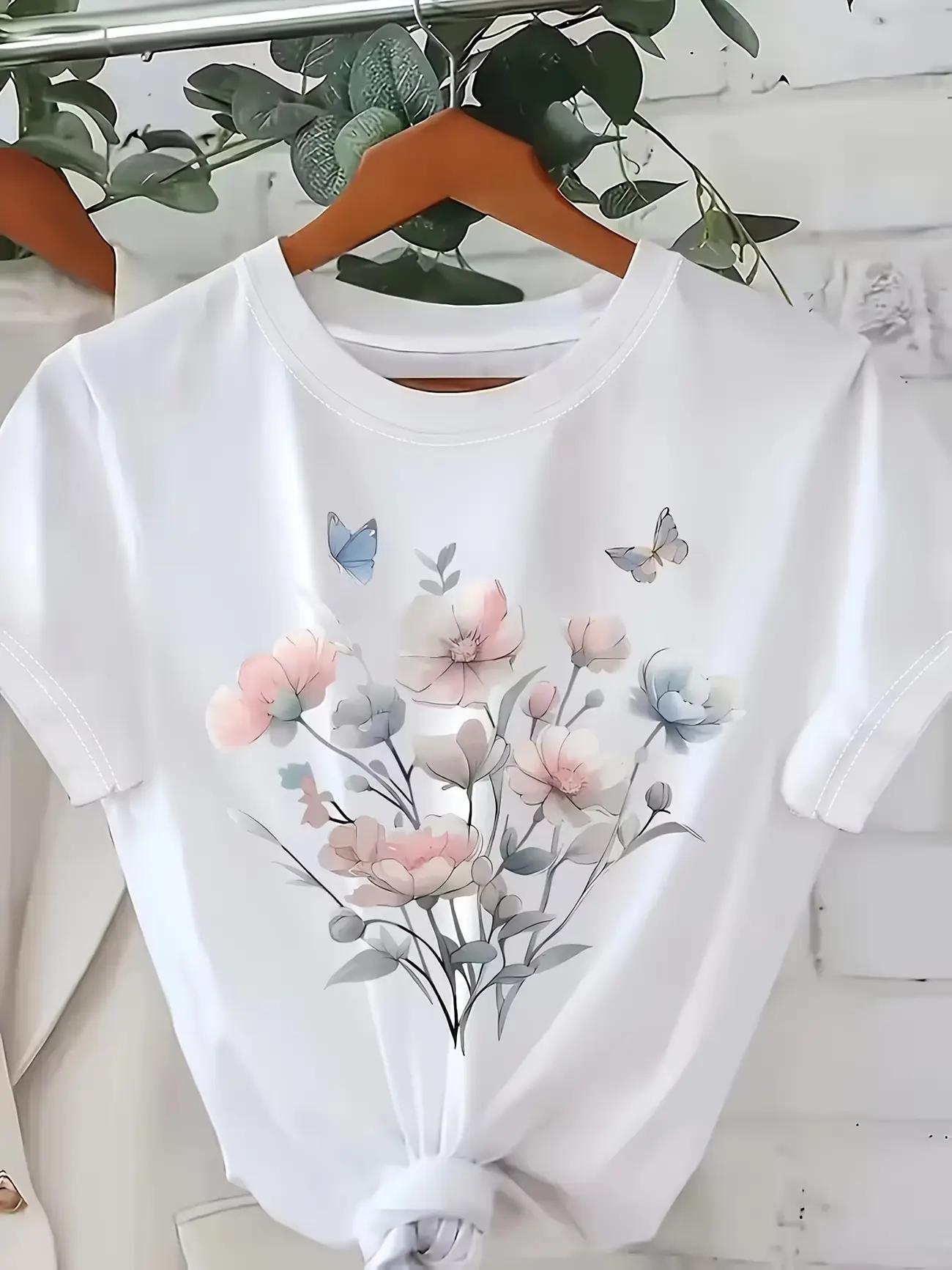 Women'S Watercolor Floral Butterfly Short Sleeve T-Shirt |   Chic Crew Neck, Floral Gradient Print, Versatile Daily Commute Top