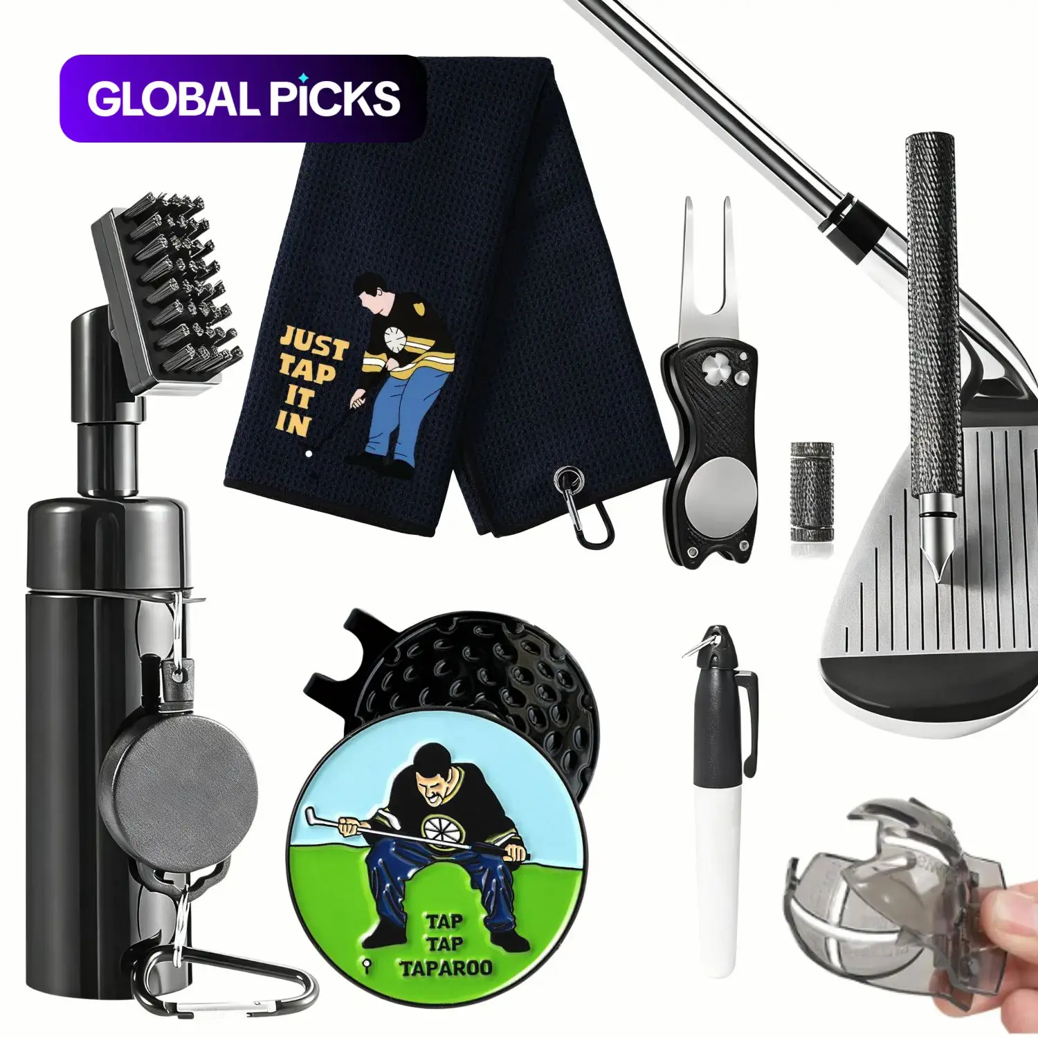 Golf Club Cleaning Kit, Includes Cleaner, Golf Towel, Divot Repair Tool, Groove Sharpener and Ball Alignment Tool, Complete Golf Accessories Set for Women and Men, Great Christmas Gift for Happy Gilmore Golf Lovers, Golf Gift Sets