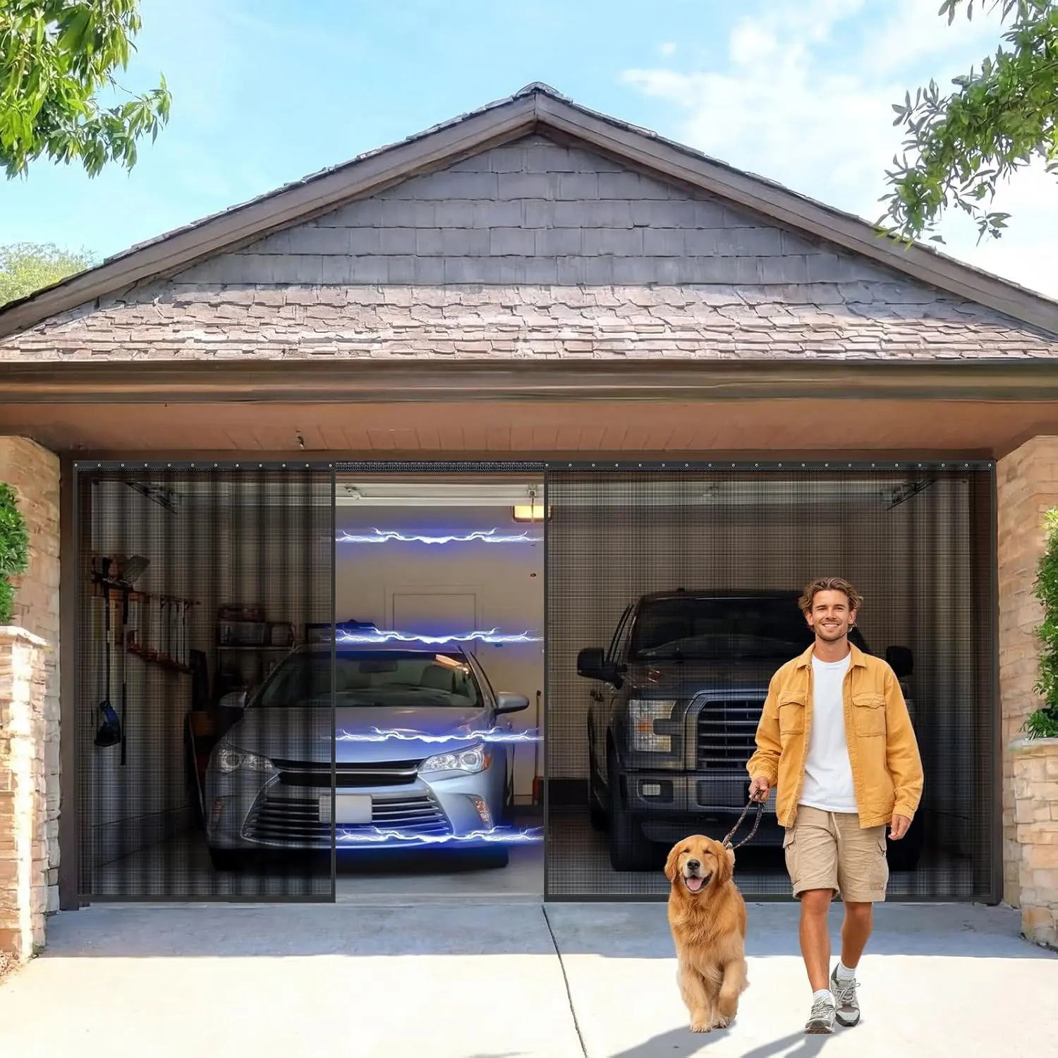 16 x 7 ft Sliding Garage Door Screen Retractable 2 Car with Track Closure Magnetic Heavy Duty Mesh Weighted Bottom Privacy Door Curtain Keep Annoying Animals Out for Summer Garage (Black)
