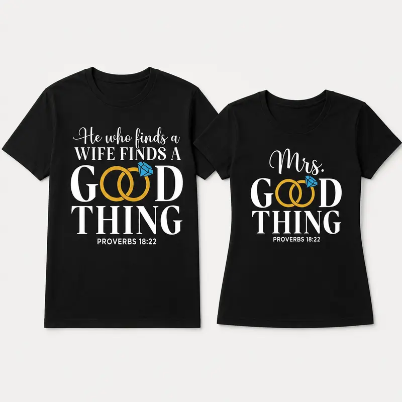 His & Hers 2-Piece Matching Casual All Seasons Short-Sleeve Sports Tops Set - Funny Quote Print ("He Who Finds a Wife Finds a Good Thing" & "Mrs. Good Thing"), Black with White Text & Ring Graphics, Valentine's Day Outfits, Multi-Size
