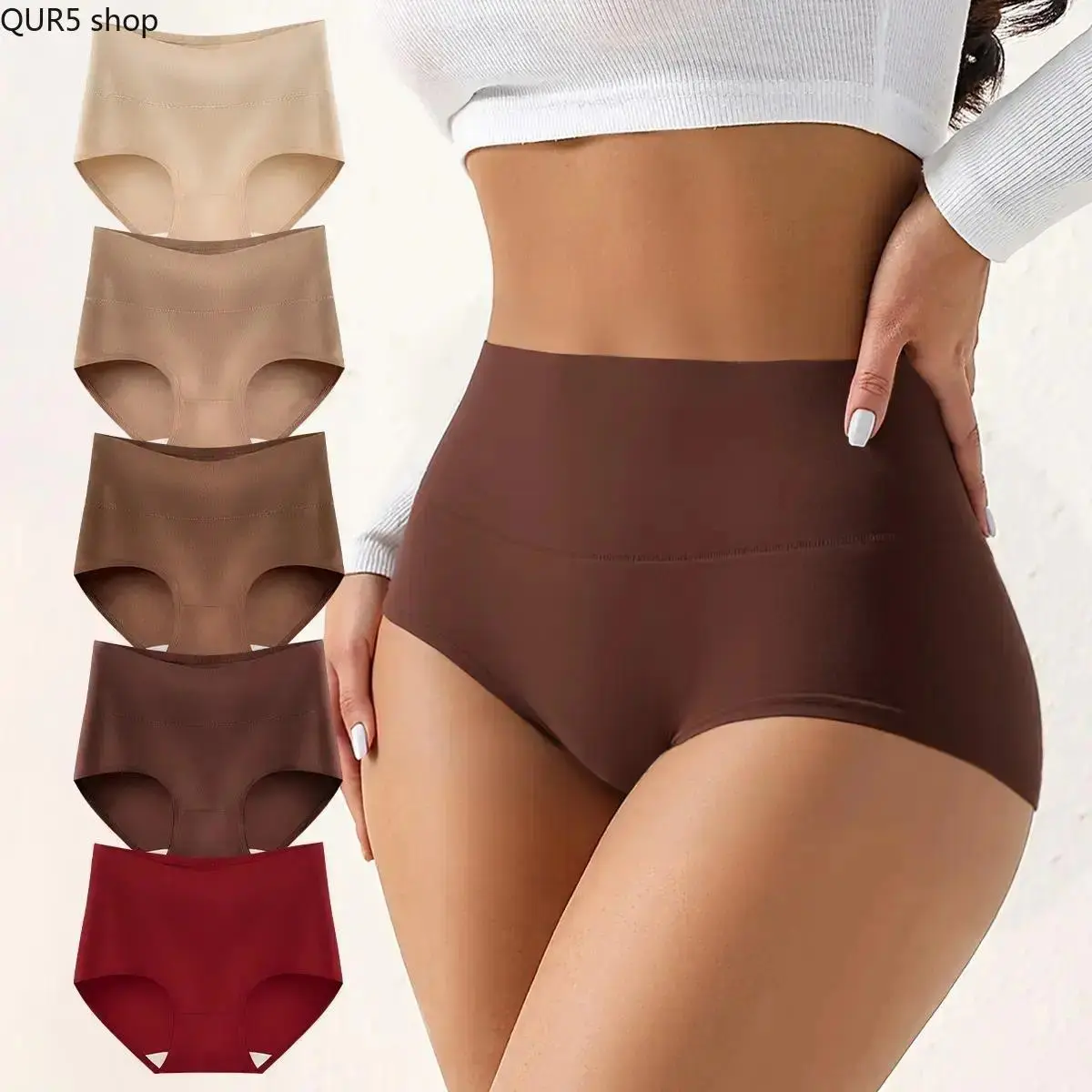 5-pack women high-waisted seamless cotton underwear delivers full coverage and great stretch. Durable multi-color minimalist basic briefs fit all seasons, offer comfy support for daily life and sports activities. Flexible soft ladies knickers with multipl