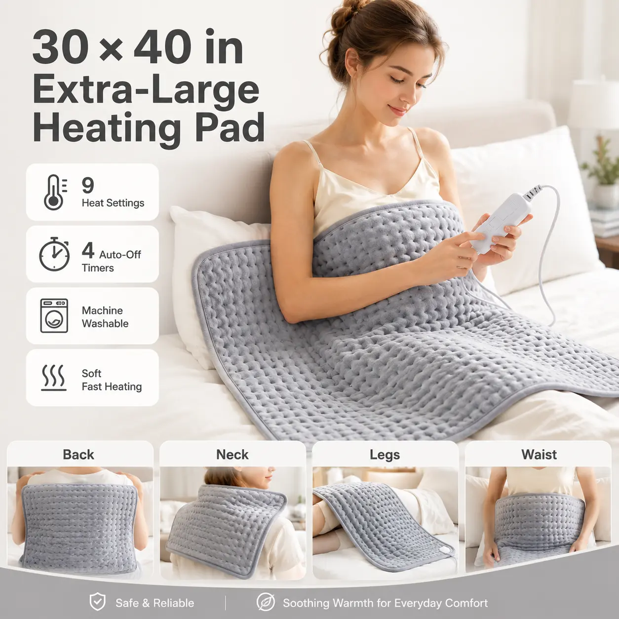 30 * 40 in Extra-Large Electric Heating Pad with 9 Heat Settings, 4 Auto-Off Timers and Smart Controller, Can Be Machine Washed, for Back, Neck, Legs, Waist, Muscle Relaxation and Menstrual Comfort, Gift for Family and Friends