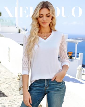WIHOLL 3/4 Length Sleeve Womens Tops V-Neck Lace Tunic Tops Business Casual Blouses 2025 SpringStatements