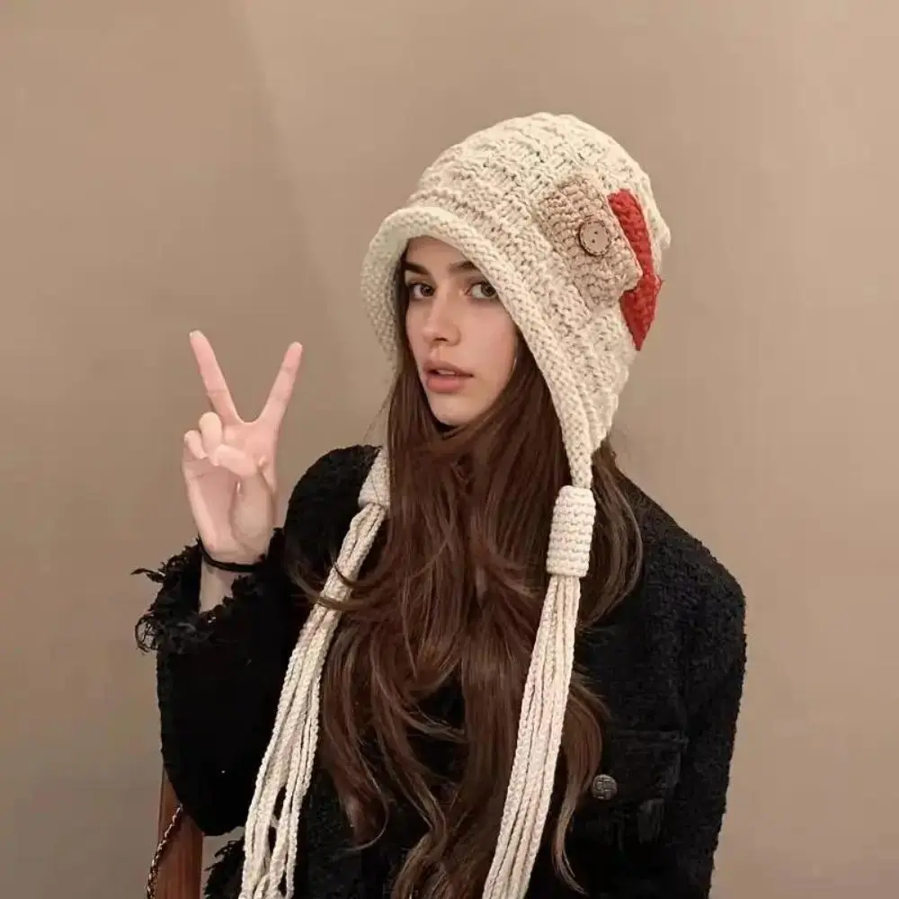 Knit Earflap Hat, Trending Womens Patchwork 2-in-1 Winter Hat Set, Knitted Cap with Attached Neck Warmer & Tassels, Windproof Thermal Headwear for Ski Outdoor Activities