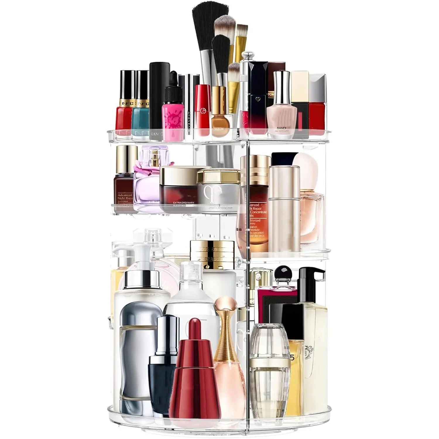 Makeup Organizer 360 Degree Rotating Cosmetic Organizer DIY Adjustable Makeup Carousel Spinning Holder Rack, Large Capacity Cosmetic Storage Box Makeup Brushes Organizer for Vanity Countertop (Clear)