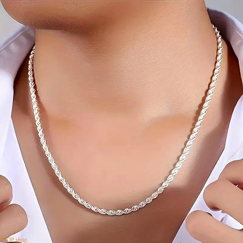 925 Sterling Silver 2pcs Twisted Rope Chain Necklace And Bracelet Set - Classic Elegant Style, Versatile for Daily Wear And Gift-Giving, No Mosaic, Plated Jewelry for Women