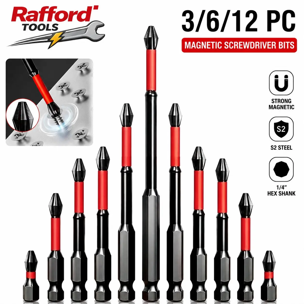 Magnetic Anti-Slip Drill Bit Set (3/6/12 Pieces), S2 Steel Material, Cross Head & Impact Bits, Suitable for Electric and Manual Screwdrivers, Non Slip Bit, Metal Bits
