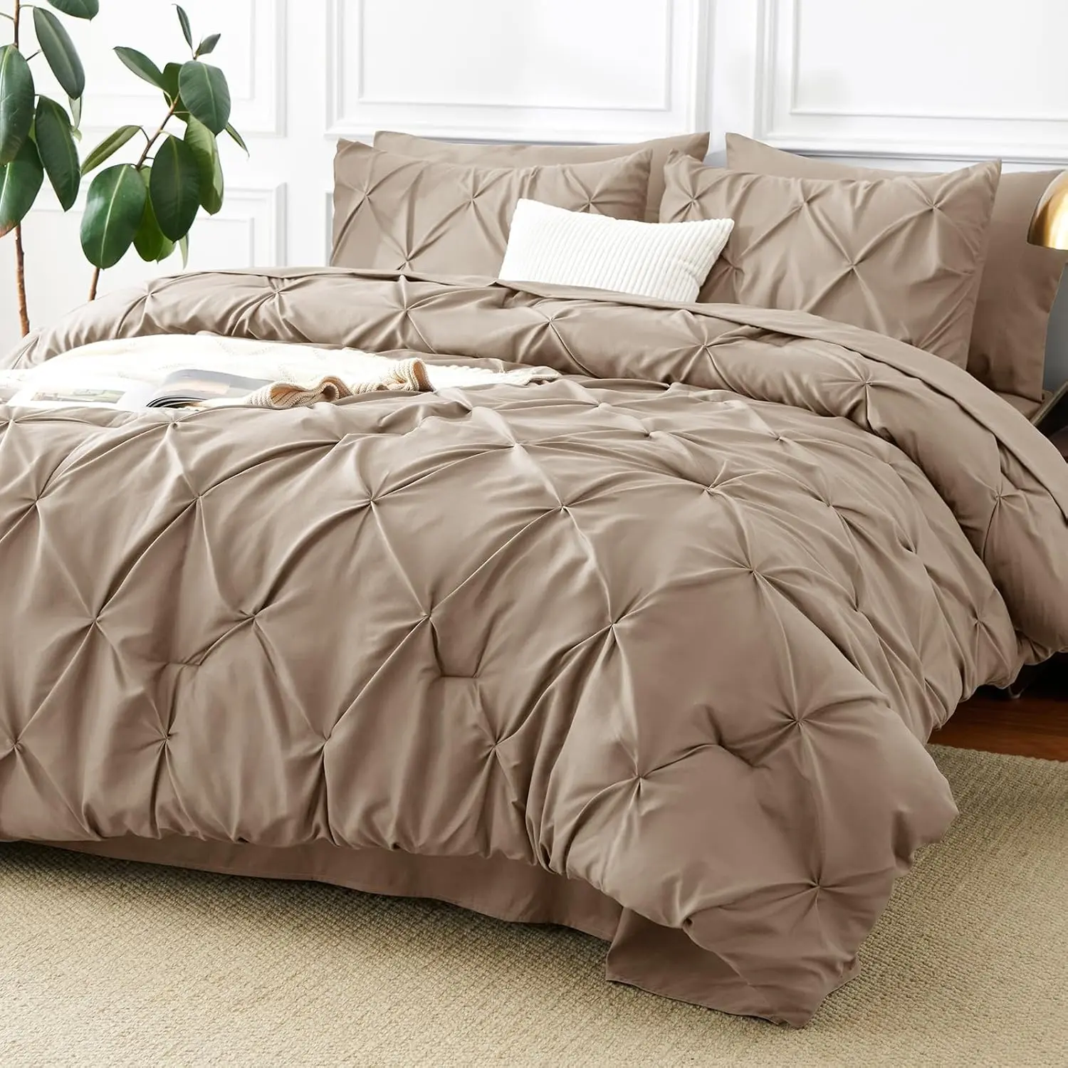 Full Size Comforter Sets Khaki, 7 Pieces Pintuck Bed in A Bag Full, All Season Bed Set Gift for, Pleat Bedding Sets with Comforter, Sheets, Pillowcases & Shams