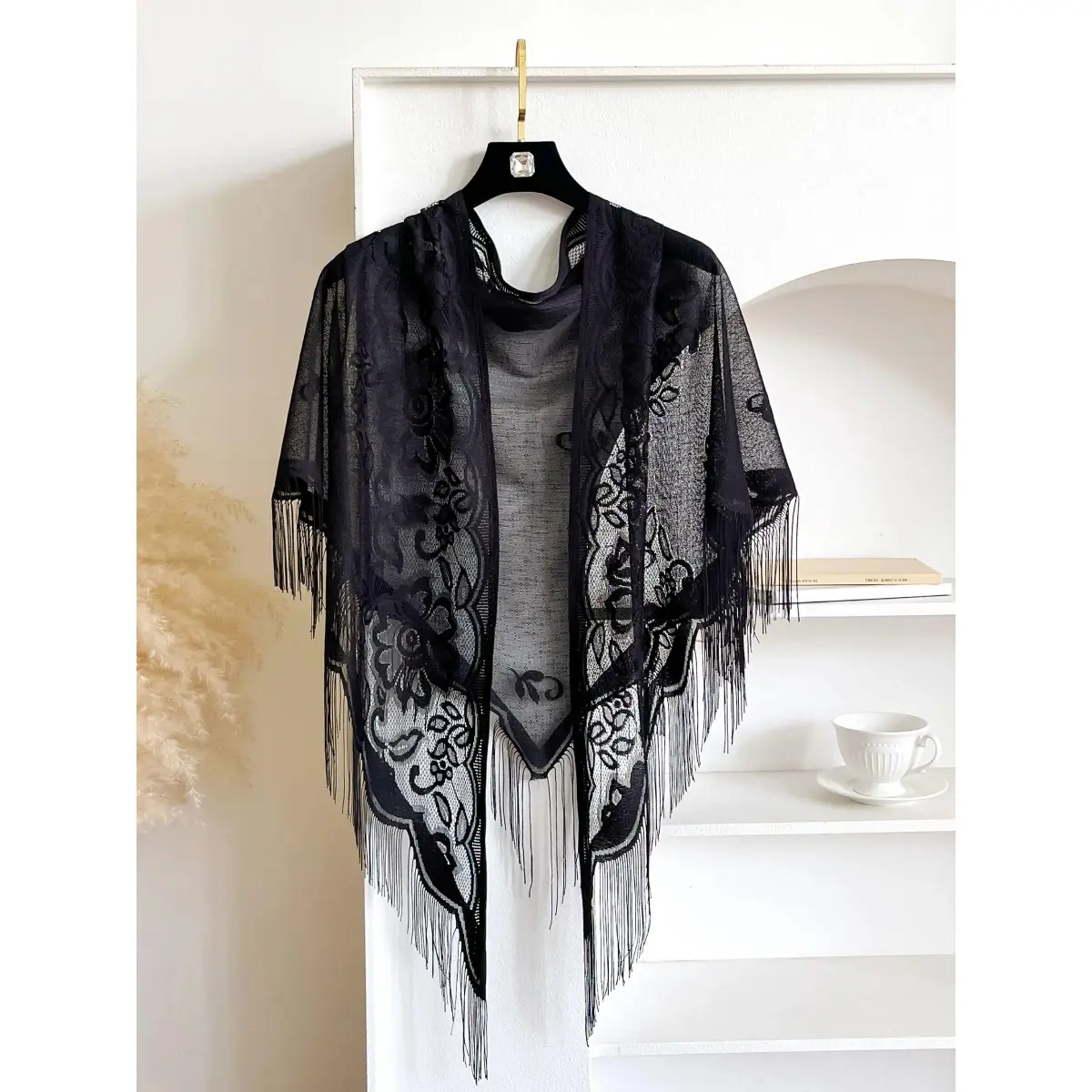 Women's Floral Lace Shawl Wrap, Elegant Sheer Scarf with Fringe Trim, Lightweight Casual Soft Accessory for Daily Wear, Casual Soft Shawl, Floral Print Shawl