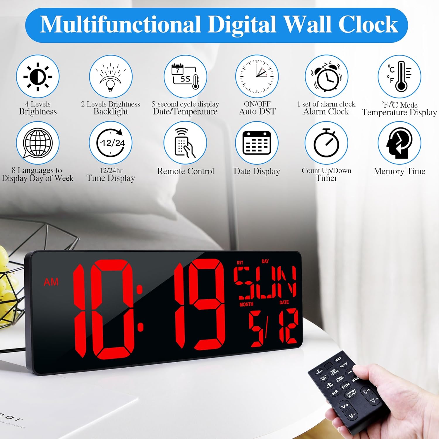 Large Digital Wall Clock with Remote Control 17.2" LED Large Display Timer with Temperature Date Week Auto DST Adjustable Brightness, Big Wall  Clock for Living Room Office Garage Gym Seniors