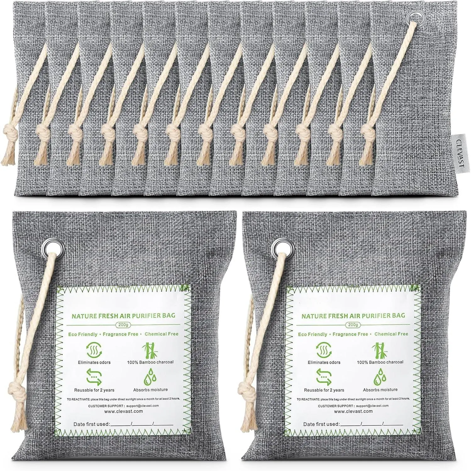 14-Pack Activated Bamboo Charcoal Air Purifying Bags (2x200g, 12x50g) - Natural Odor Absorber, Deodorizer, Moisture Eliminator for Indoor Recreation Use That Fits Home
