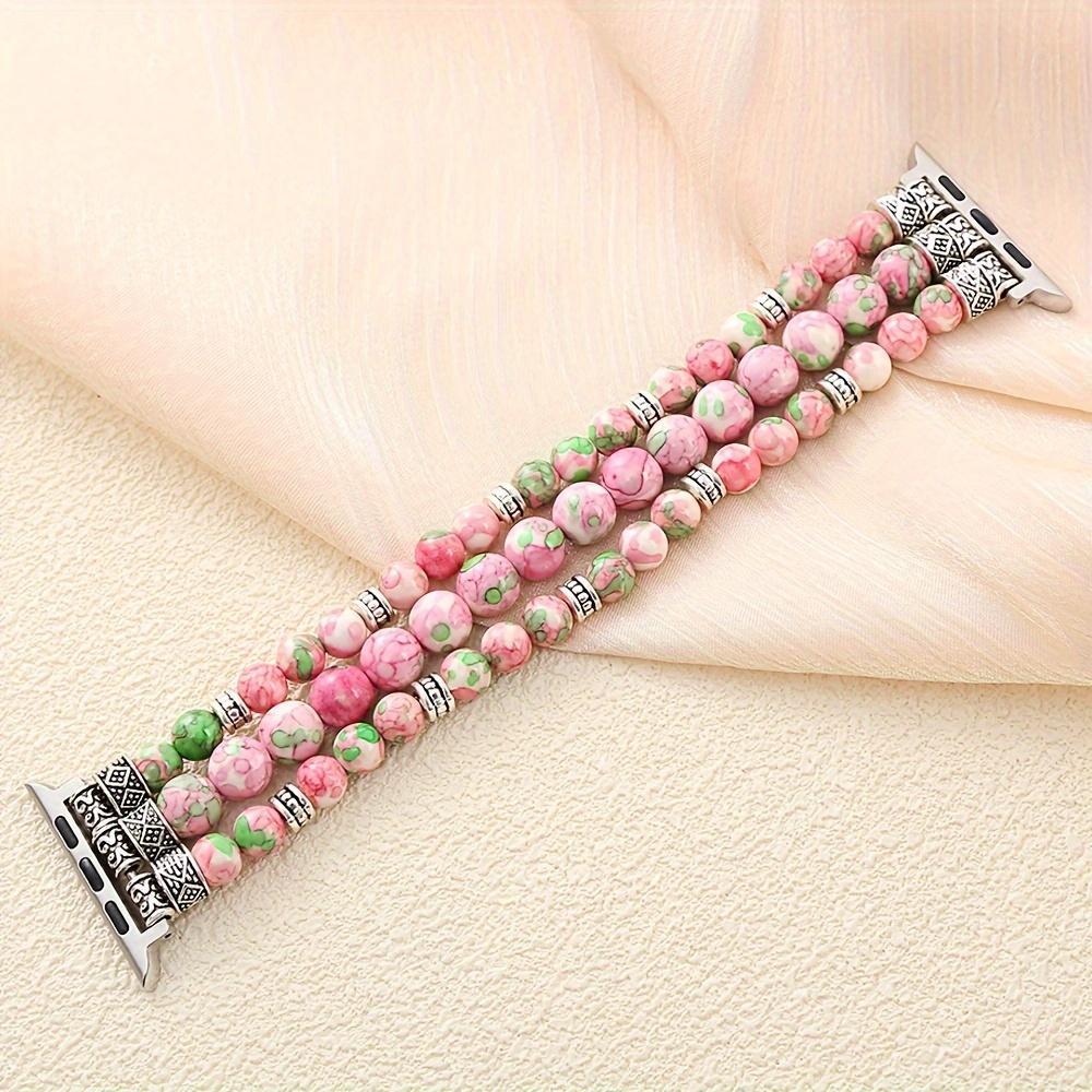 Bohemian-Style Pink Rainbow Jade Bead Apple Watch Band — Women's Elastic Crystal Beaded Wristband, Compatible with 38mm–41mm iWatch Series 10/9/8/7/6/SE/3/2/1