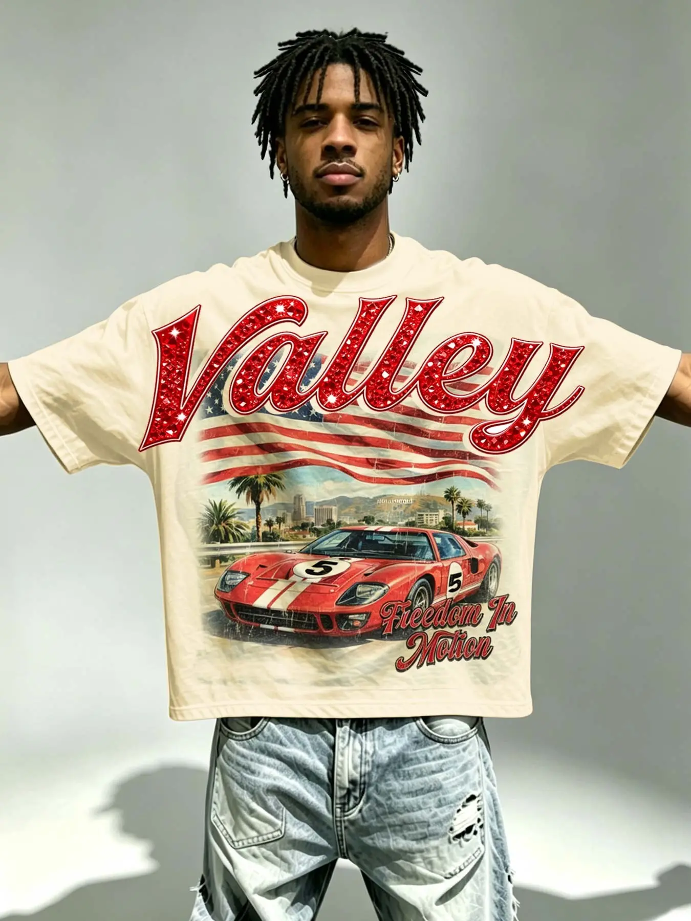 American racing valley letter Menswear men's short sleeved T-shirt loose shoulder style street style retro car print short sleeved women's loose T-shirt unisex summer shirt slogan VALLEY streetwear